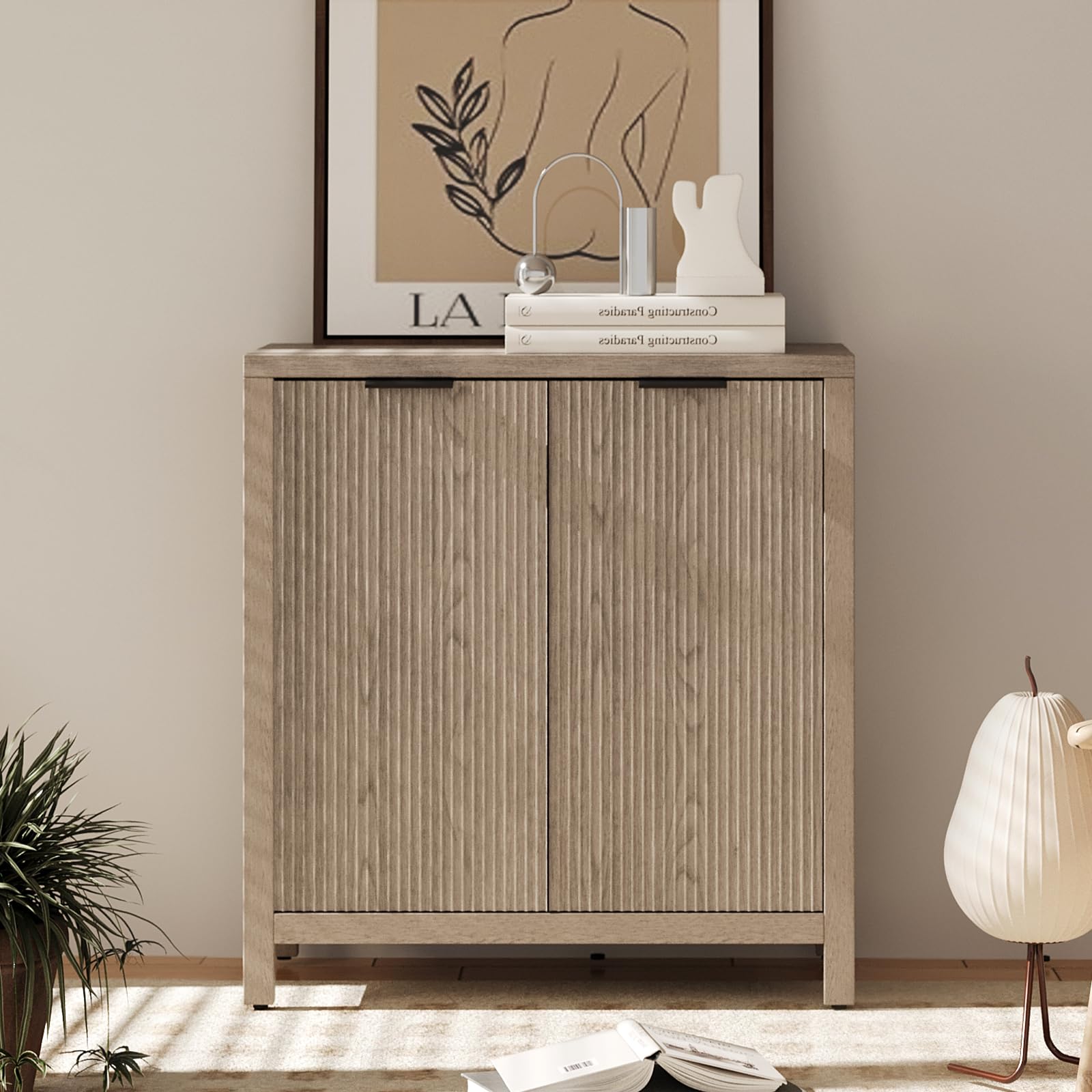 KIMOLST Fluted Sideboard Cabinet,Accent Buffet Cabinet with Adjustable Shelves, Media Console Modern Wood Storage Cabinet for Living Room, Entryway,