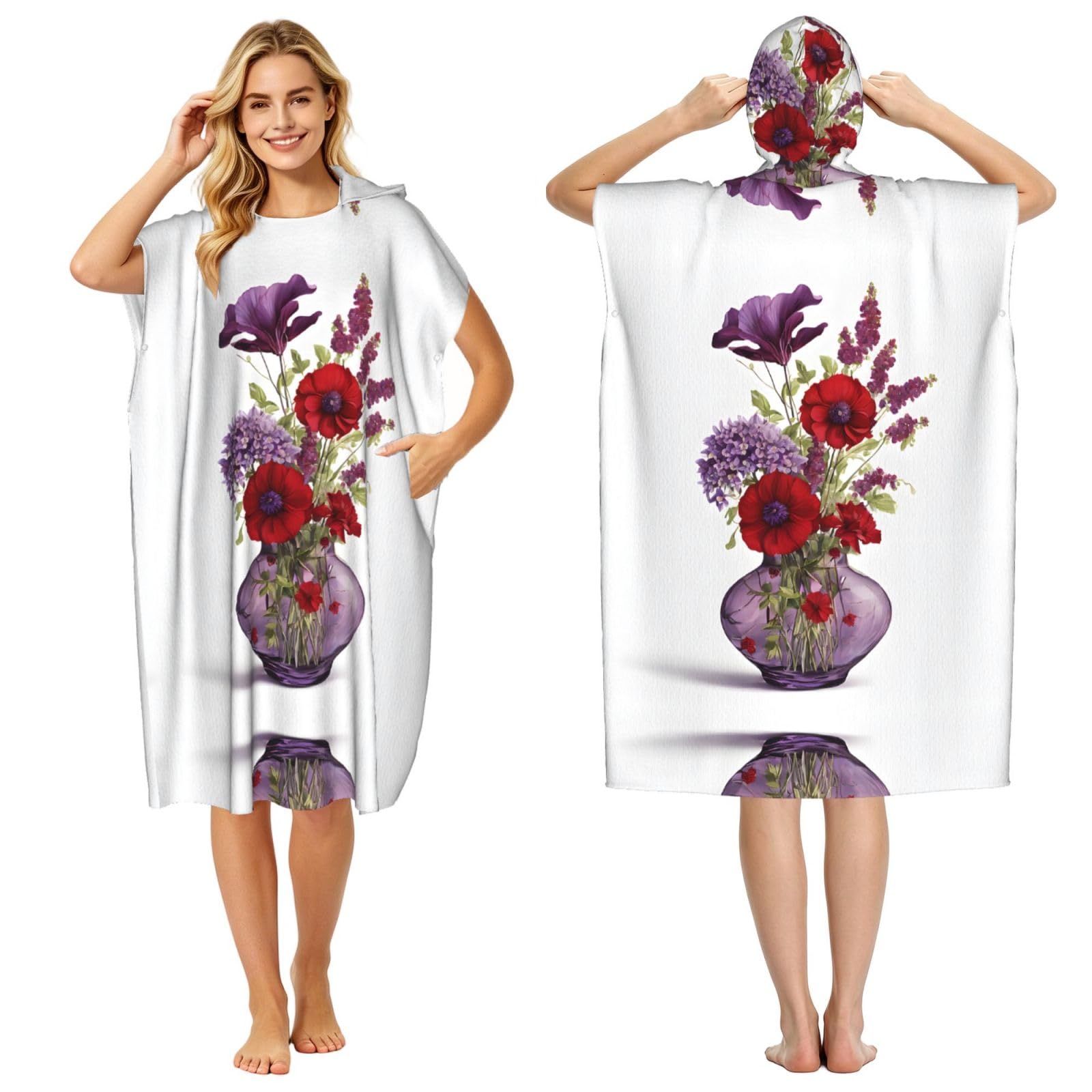 Peignoir à capuche pour piscine et plage poncho coquelicot adulte homme femme