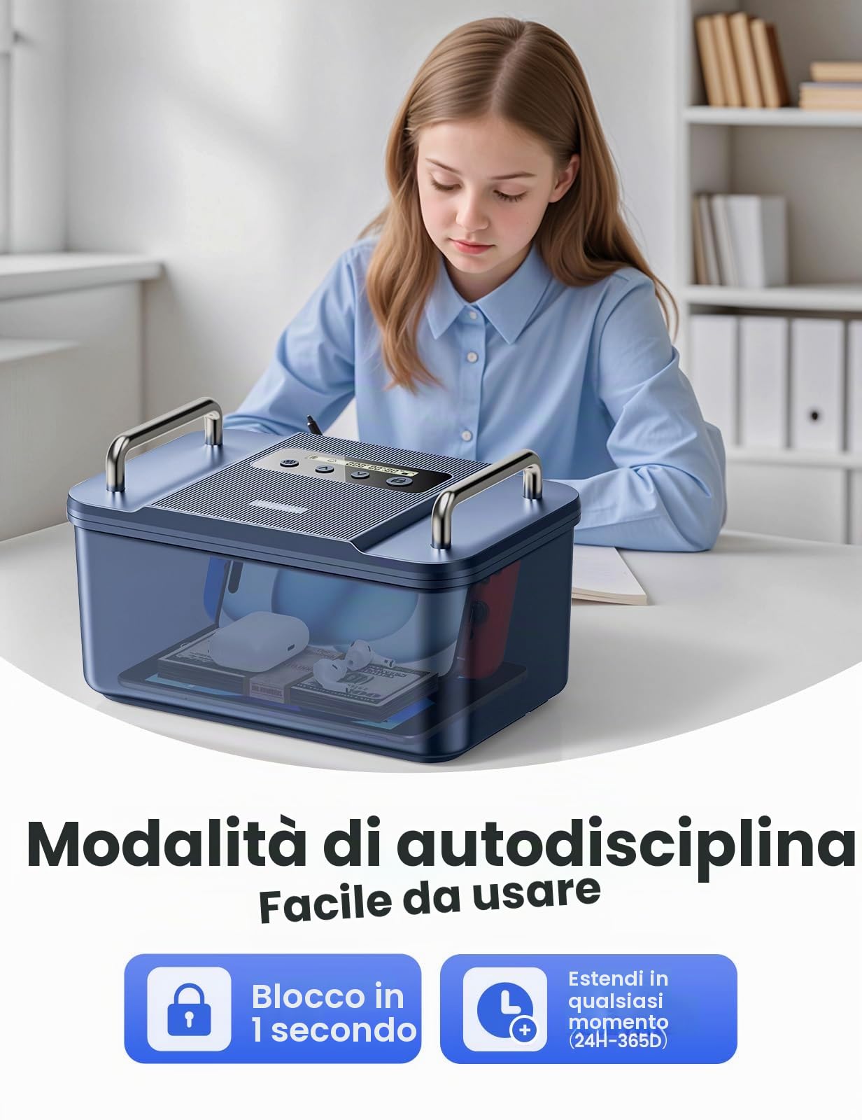 VAYDEER Cassetta di Sicurezza con Timer – Scatola con Lucchetto Temporizzato,Display LCD,Tempo di Blocco Personalizzabile, Manici in Metallo, Alimentazione USB-C – Box Portatile per Telefono e Farmaci