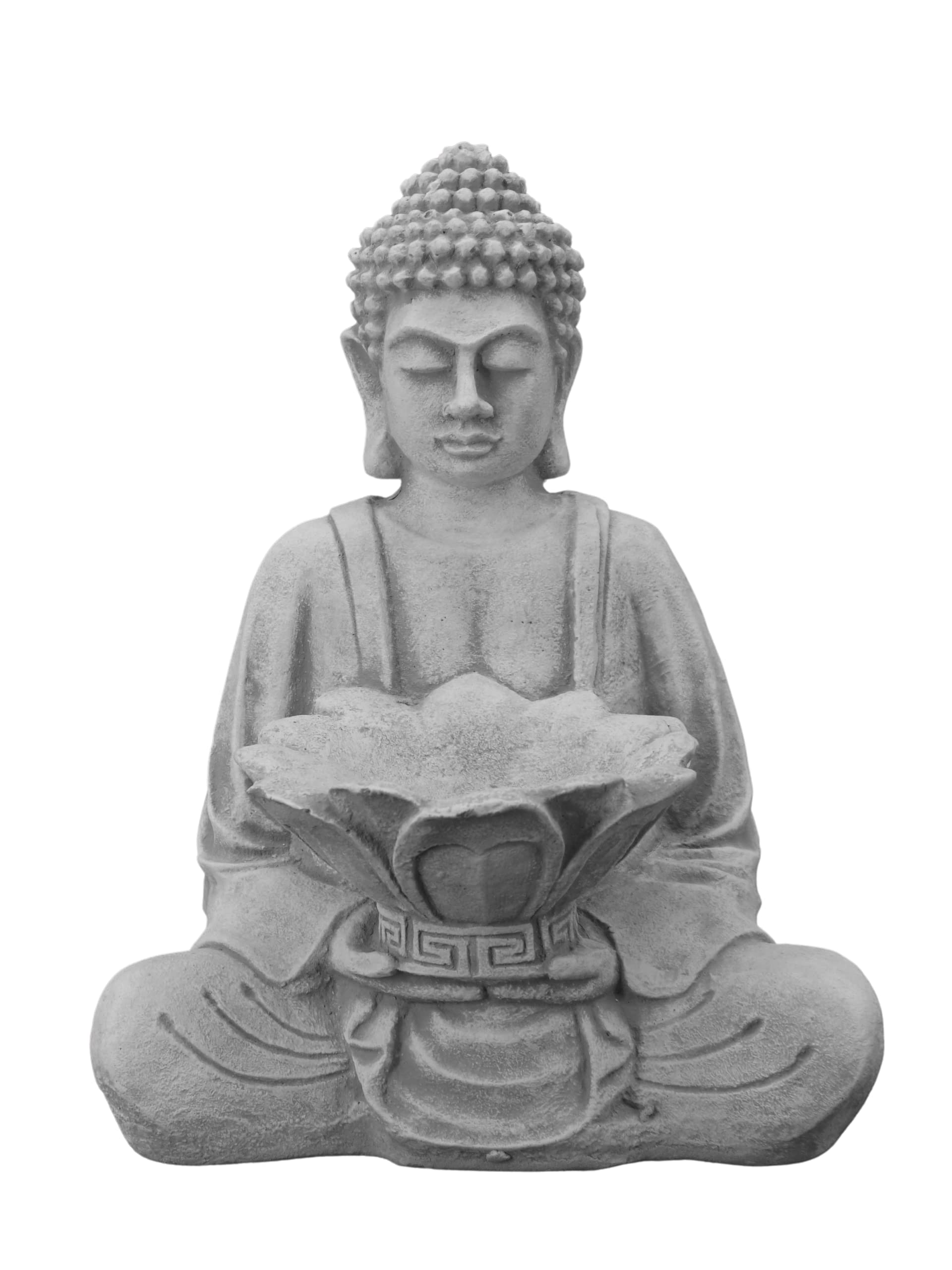 gartendekoparadies.de Buddha figure with bowl, stone figure, H. 33 cm, 9 kg, gray, frost-proof made of cast stone for outdoor use
