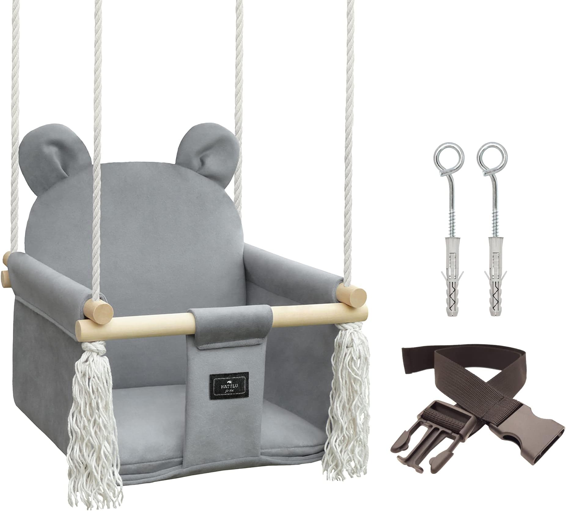 NATILU® Babyschaukel Set Indoor Outdoor Bär Grey Velvet Schaukel