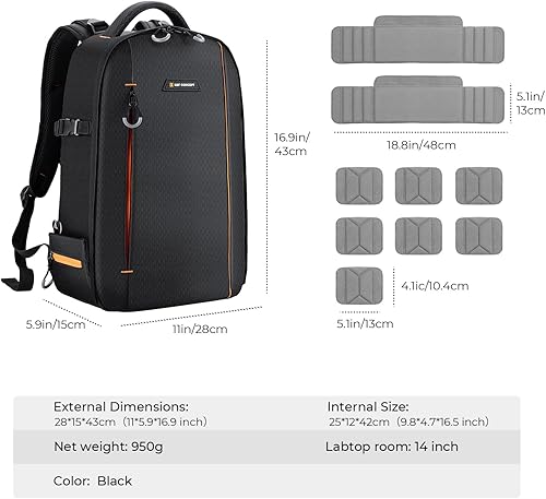 Miniatura 23 de K&F CONCEPT Mochila para cámara para fotógrafos, bolsa grande impermeable para cámara de fotografía con compartimento para portátil/trípode