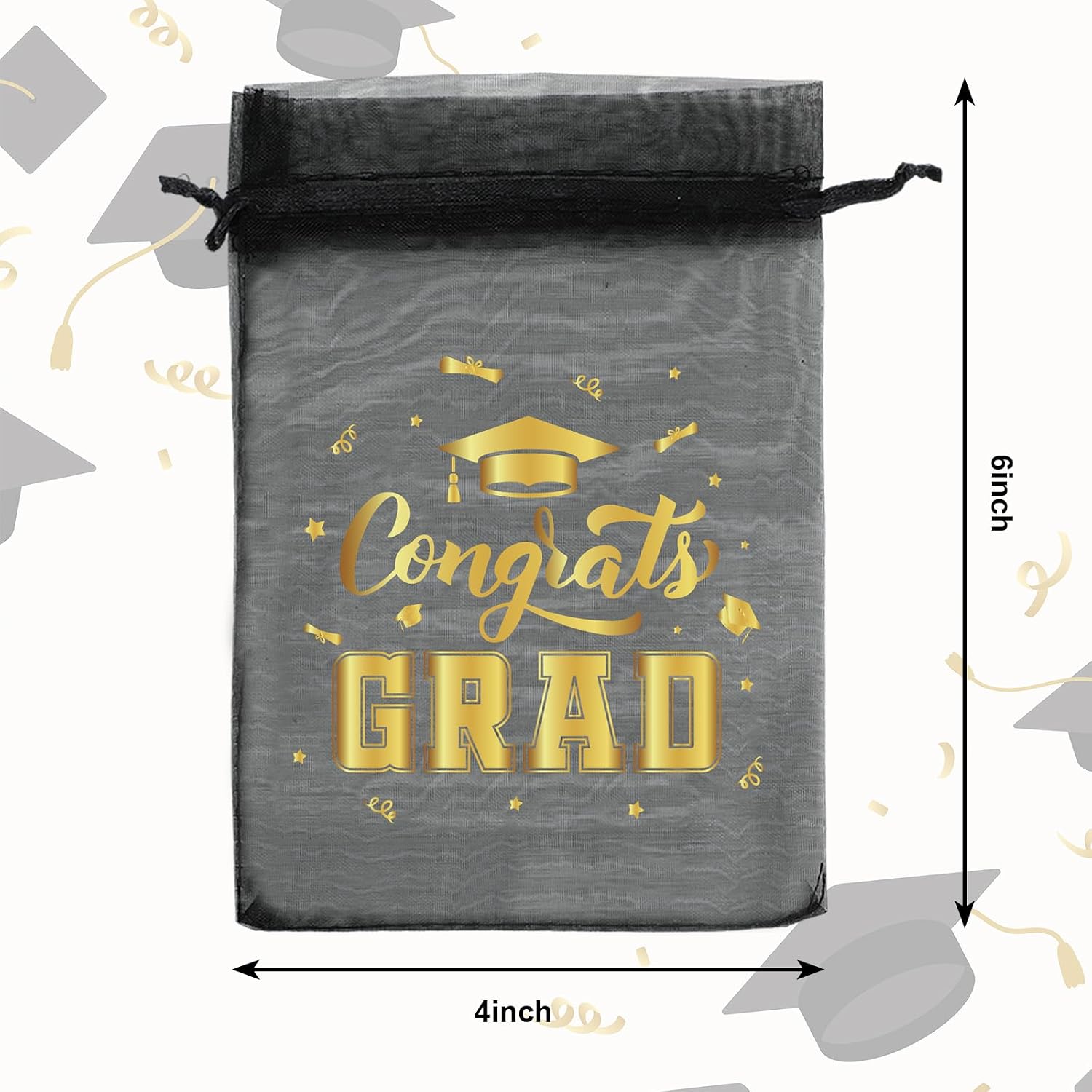 FYSUIMU 120 Pcs Graduation Party Favors Bags Black Gold Organza Drawstring Bag Congrats Grad Decorative Jewelry Candy Treat Bags for Party Favors Supplies