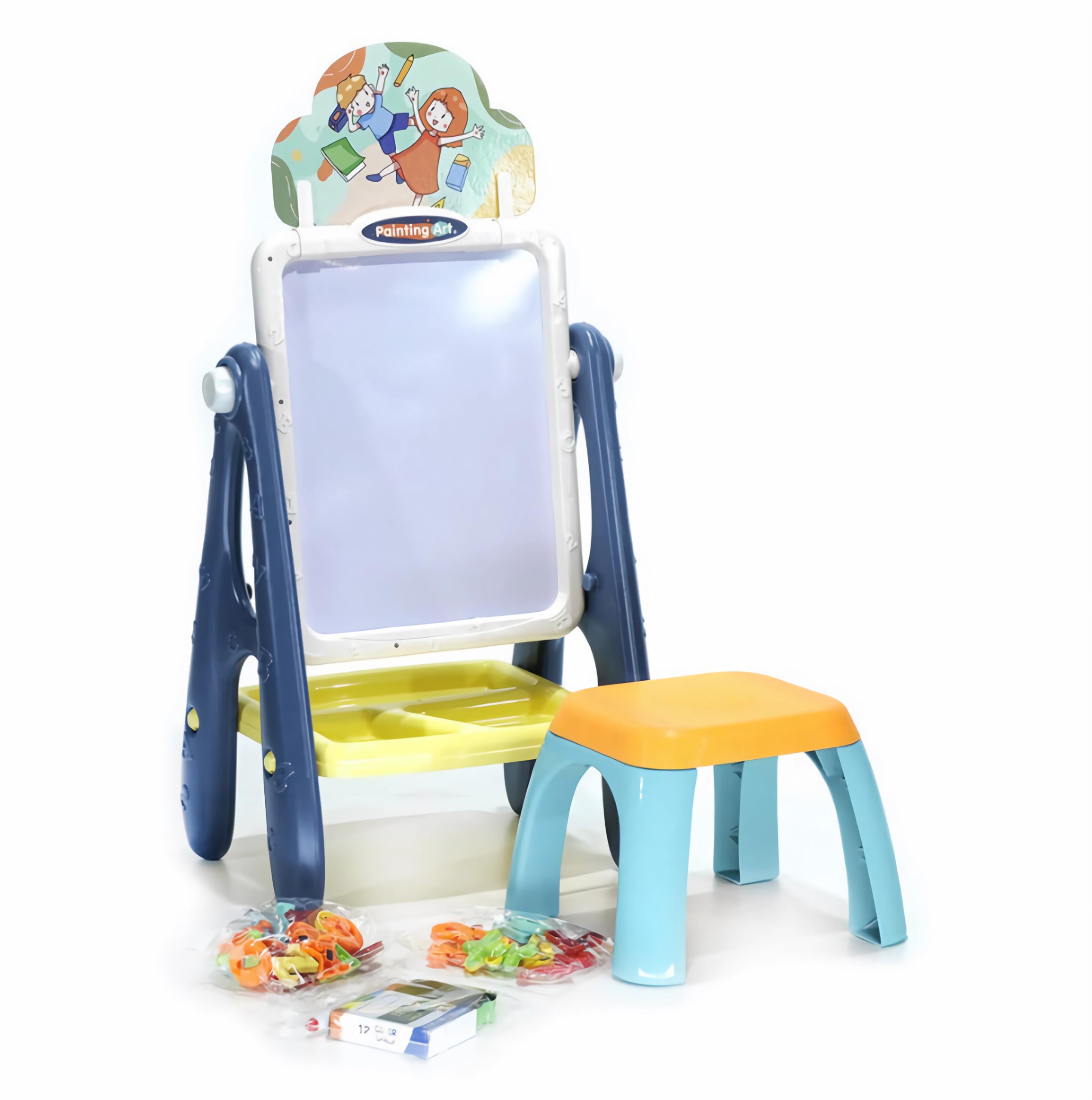 Lavagna Nera e Magnetica + Sgabello per Bambini 2in1 Doppio Utilizzo per Scrivere Disegnare Cancellare Apprendimento Lettere Numeri Gessetti Pennarello Educativo 56 pezzi da 3+ anni 69x26x25cm