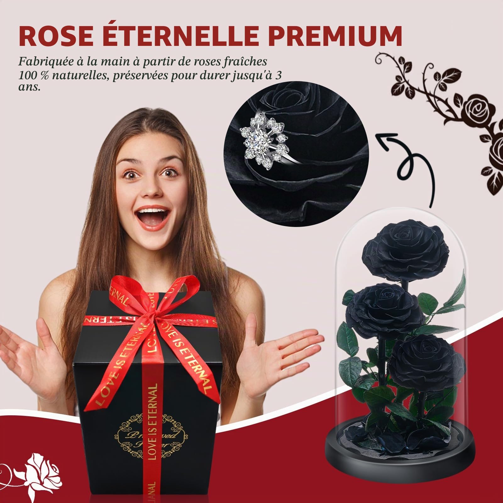 Rose Éternelle sous Cloche, Naturelle Fleur Eternelle Cadeau, Idée Boite Rose Eternel, Cadeau pour la Saint-Valentin, Fête des Mères, Noël, Anniversaire, Femme, Copine, Amie, Maman, Grand Mere