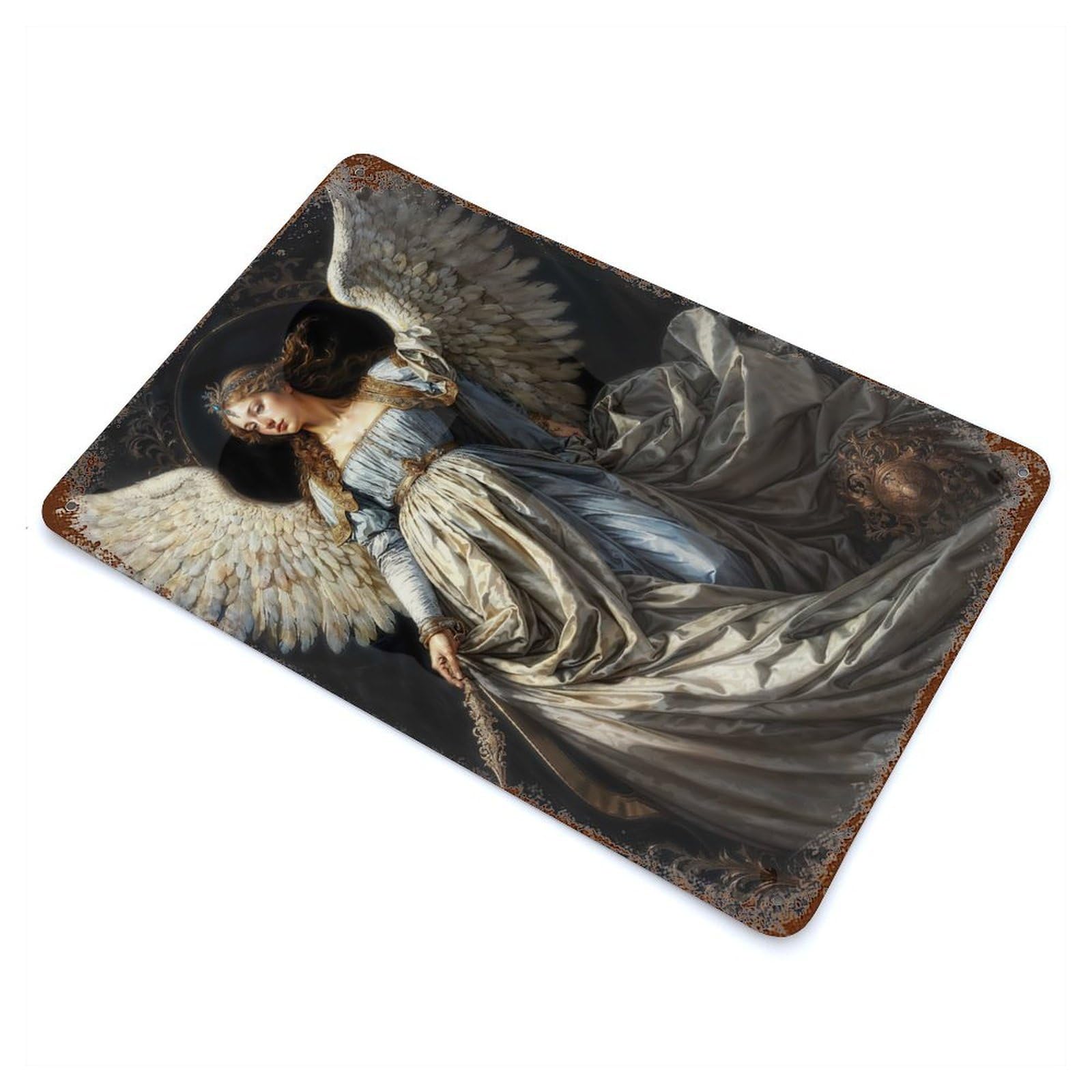Distressed Metal Wall Sign with Archangel in Blue Dress Design 11.8"x7.9", for Living Room, Hallway And Home Decor, Vintage Wall Decor