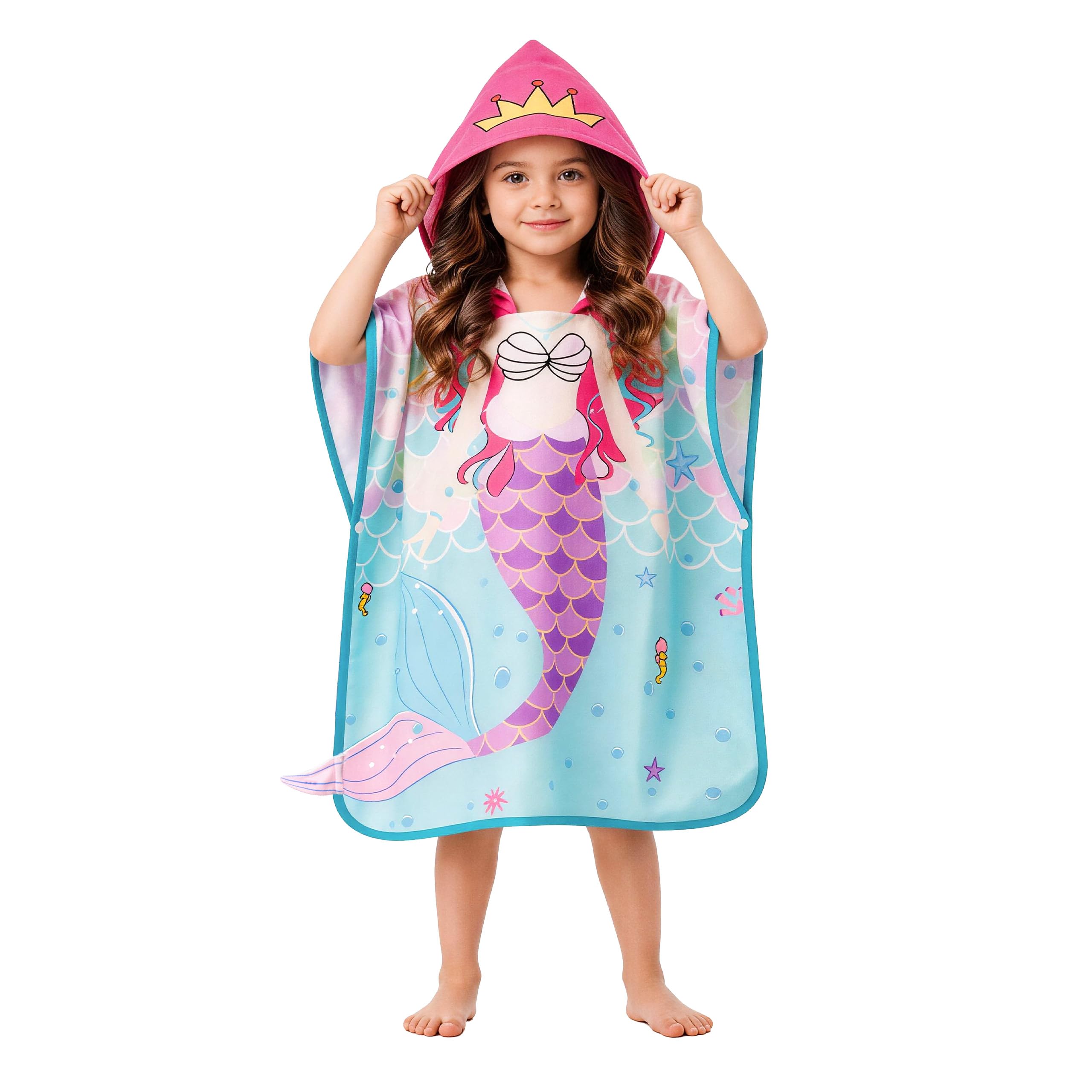 LOLANTA Girls Mermaid Hooded Poncho Towel, Soft & Absorbent Kids Swim Changing Robe, Quick Dry for Beach & Bath(Mermaid, 2-4 Years, Size S)
