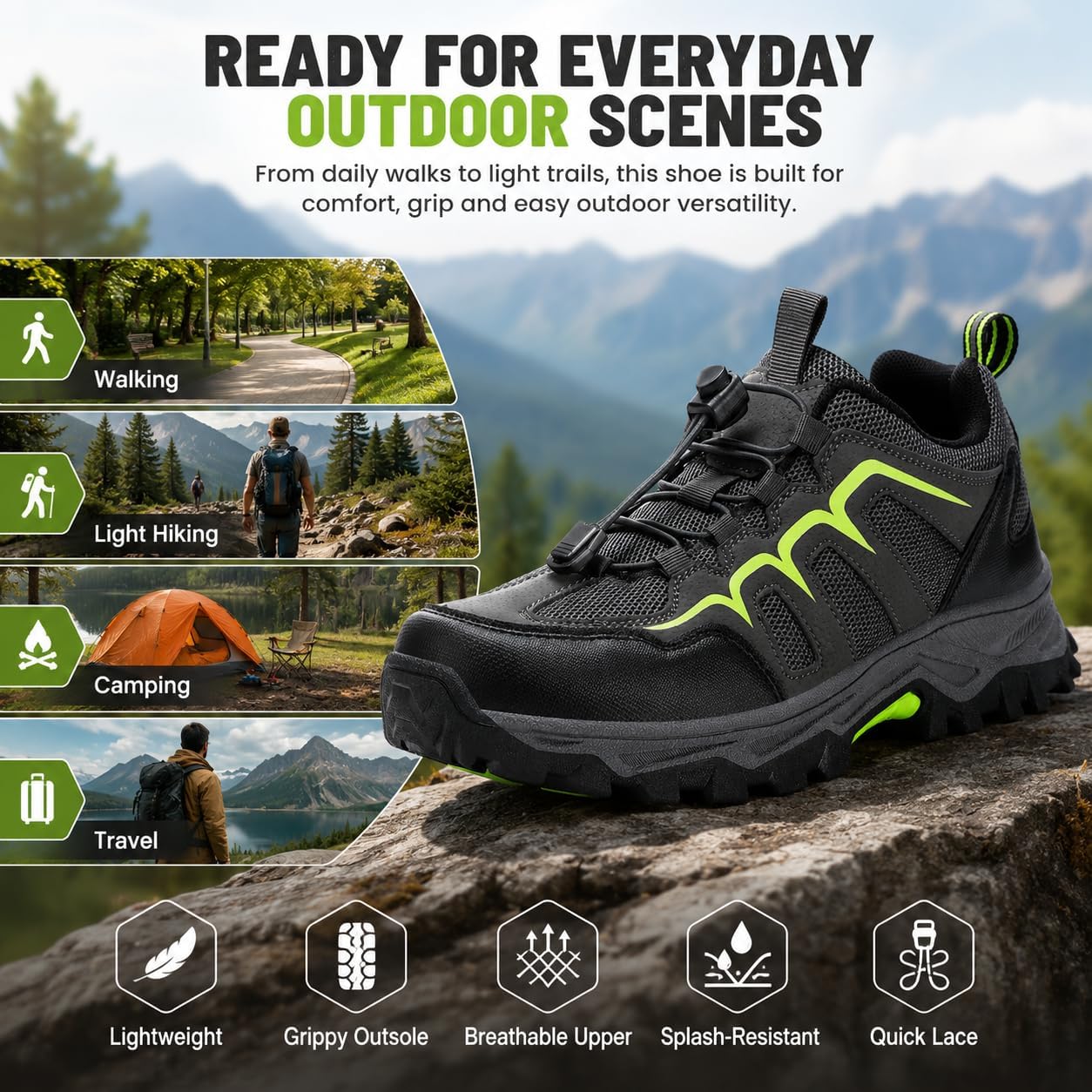 Men’s Hiking Shoes, Lightweight Outdoor Trail Walking Shoes with Quick Lace, Breathable Low Top Trekking Sneakers, Water-Resistant Outdoor Shoes for Travel, Camping, Yard Work and Daily Use