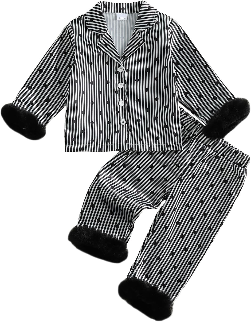 Kuriozud Toddler Little Girl Pajamas Fur Cuffs Dot Striped Tops Pants Set | Toddler Girl Pajamas Feather Trim Dots Bow Button Up Top Pants Cute Baby Sleepwear Silk Pajamas For Little Girls