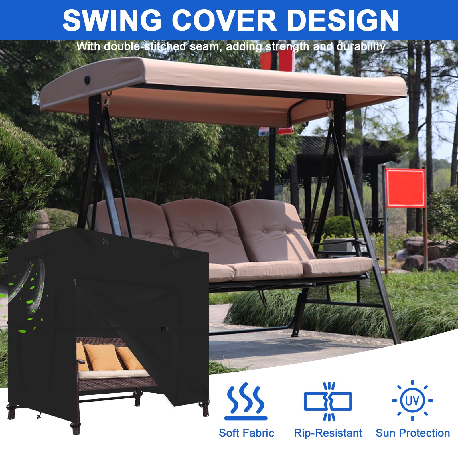 Funda columpio jardin exterior,funda protectora impermeable Oxford 600D para columpio de jardín de 3 a 4 plazas,Resistente al desgarro, con cremallera y correas (254*150*183CM)