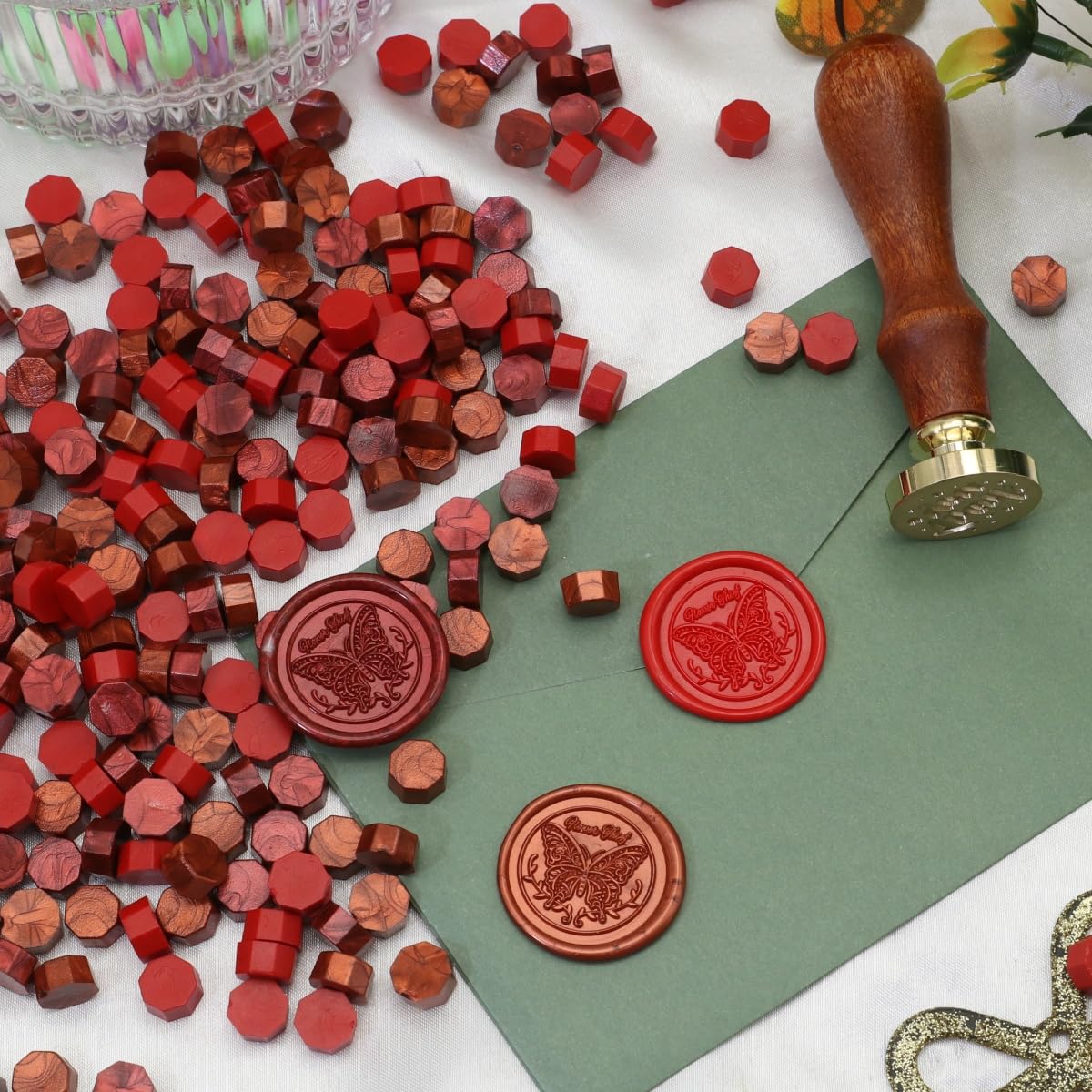 Sealing Wax Beads Kit,Atopbb 300pcs Wine Red Color Wax Seal Beads,1pcs Wooden WaxSeal Warmer,1pcs Melted Spoon and 10pcs Tea Candles for WaxSealing Stamp Kit (300,Burgundy)