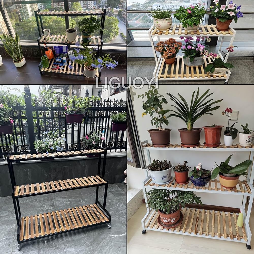 Metall Blumentreppe Pflanzenständer,Holz-Pflanzenregal Leiterregal Mit Rollen Pflanzenregal Platzsparend Leicht Zu Bewegen Für Innen Außen Garten Dekor,N (Size:2 Tier 100cm,Color:weiß)