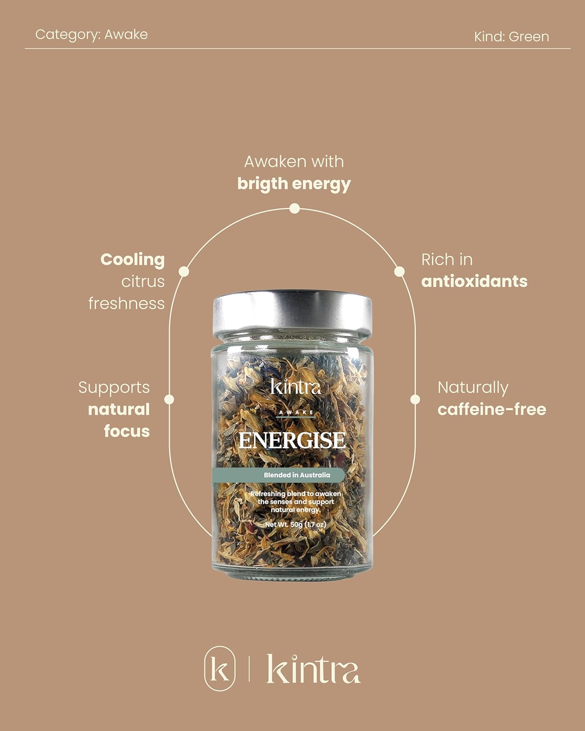 Kintra Foods Energise Loose Leaf Herbal Tea Jar, 50g | Natural Herbal Tea, Invigorating & Uplifting Blend | Eco-Friendly, Antioxidant-Rich, Caffeine-Free, No Additives, No Sugar