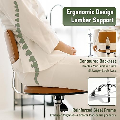 Miniatura 4 de Taburete enrollable con ruedas, taburete ajustable en altura con soporte para la espalda, silla de taller resistente con cojín de asiento de piel