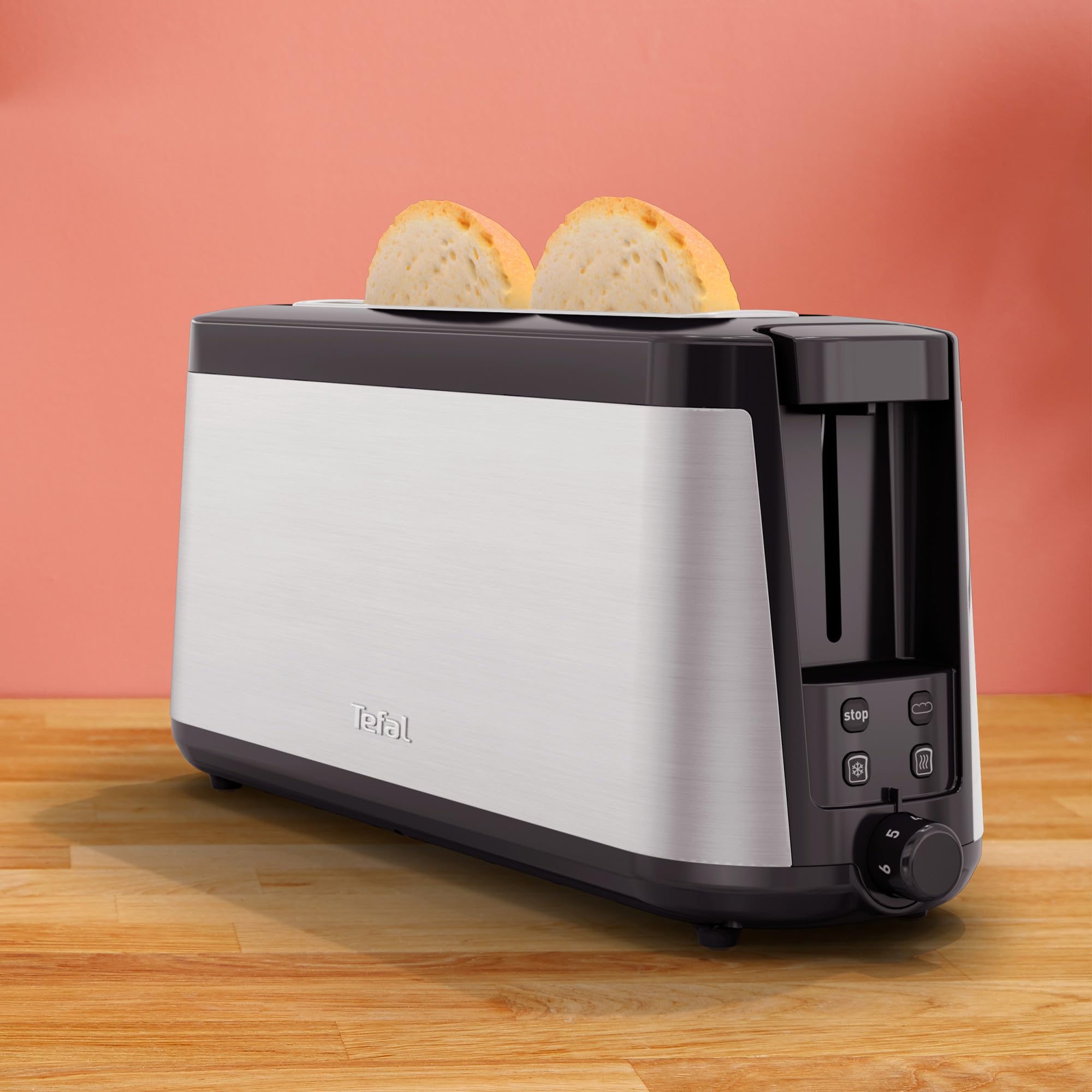 Tefal Element, Grille-pain, Fente longue, Grille-pain inox noir avec support à viennoiseries, Fonctions Réchauffage et Décongélation, TL430811