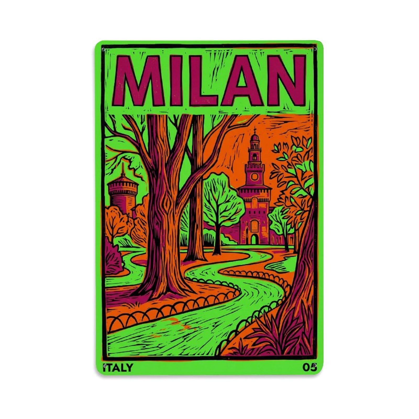 Olhnbad Style Cityscape Milan Italy Linocut City Travel Metal Tin Sign