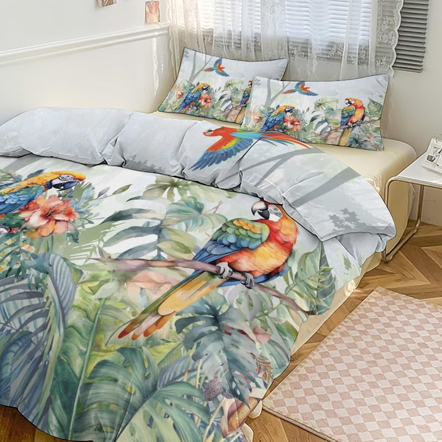 Abstract Misty Forest Parrot Duvet Cover Set Queen Size,Watercolor Tropical Floral Jungle Colorful Parrot Bird Bedding Sets 3 Pieces(1 Duvet Cover+2 Pillowcases)