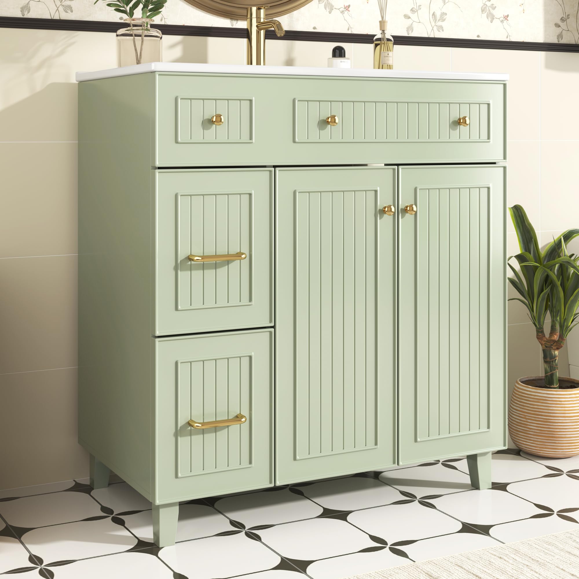 Armario de baño con lavabo, 81,7 cm, armario de baño de pie con tocador de cerámica, superficie lacada, espacio de almacenamiento multifuncional y patas de madera maciza en diseño moderno de