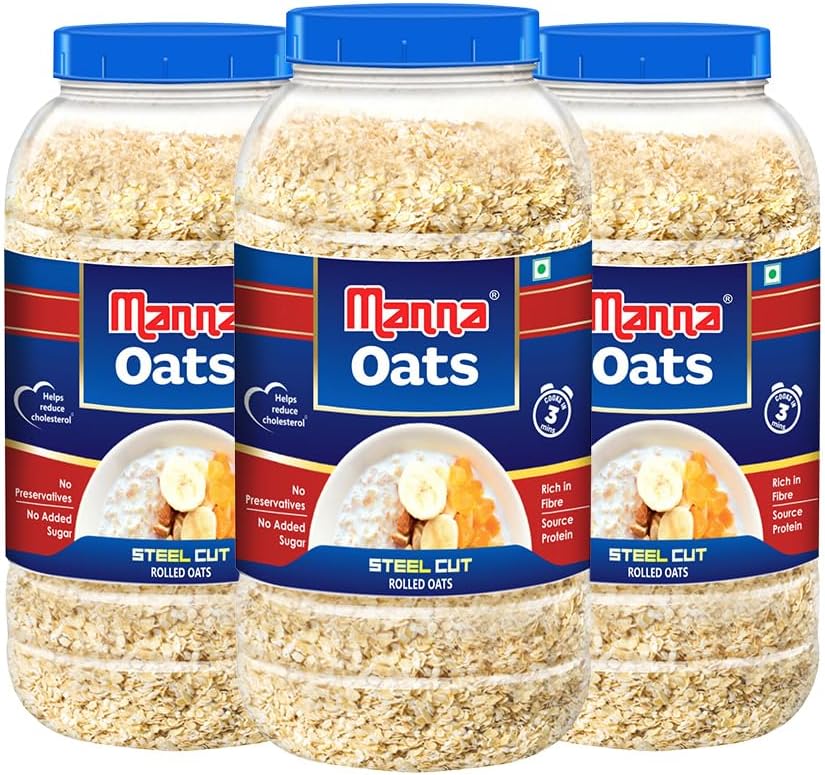 Manna Instant Oats 3Kg Jar | - White Oats High in Fibre and Protein | Helps Maintain Cholesterol. Diabetic Friendly | 100% Natural | 1kg x 3 Jars (3kg)