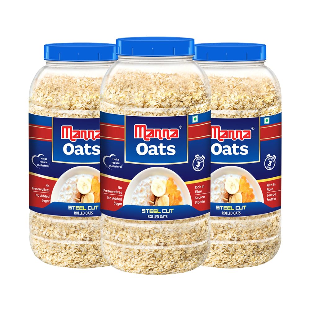 Manna Instant Oats 3Kg Jar | - White Oats High in Fibre and Protein | Helps Maintain Cholesterol. Diabetic Friendly | 100% Natural | 1kg x 3 Jars (3kg)