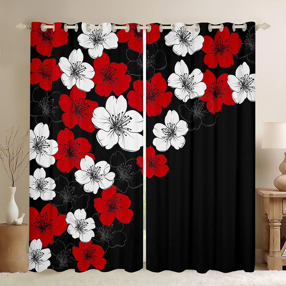 Feelyou Floral Darkening Drapes Kids Red Flowers Curtains for Bedroom Living Room Botanical 30%-50% Blackout Curtains Red White Window Treatments(2 Panels, 42 x 84 Inch)
