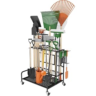 Garden Tool Organizer Rack with Wheels Up to 39 Tools, Heavy-Duty Steel Yard Tool Organizer for Garage Storage with 12 Hooks, Broom Holder & Garden Tool Rack for Shed, Patio, Outdoor Use, Black - Amazon product rated Grade A