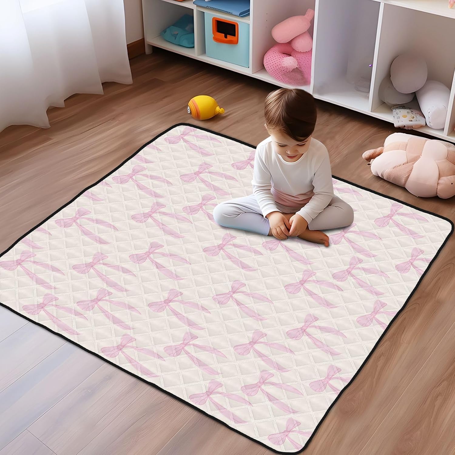 Baby Play Mat Coquette Bows Cute Pink 50 x 50 Playpen Mat Baby Play Mats for Floor Play Gym Crawling Mat Non-Slip Cushioned Baby Playmat for Infants, Babies, Toddlers