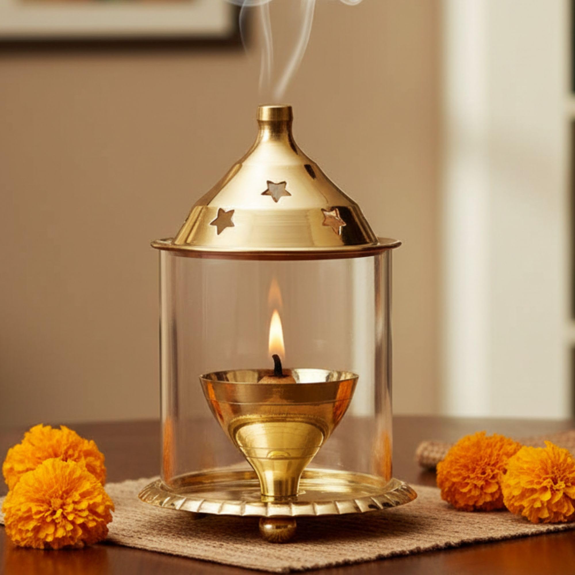 - Ein Sof Akhand Diya for Puja - Decorative Brass Oil Lantern with Glass Cover, Gold Lamp Tea Light Holder, Diwali & Christmas Pooja Gift Item, Medium Size