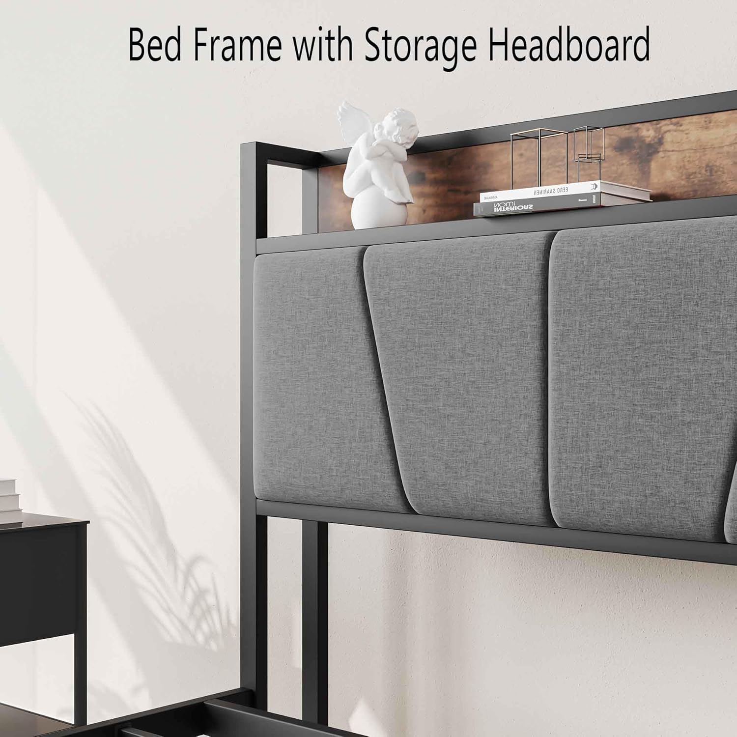 Full Bed Frame with Upholstered Headboard and Charging Station, Industrial Platform Camas Frame, Heavy Duty Mattress Foundation, Noise Free,No Box Spring Needed,Easy Assembly,Gray