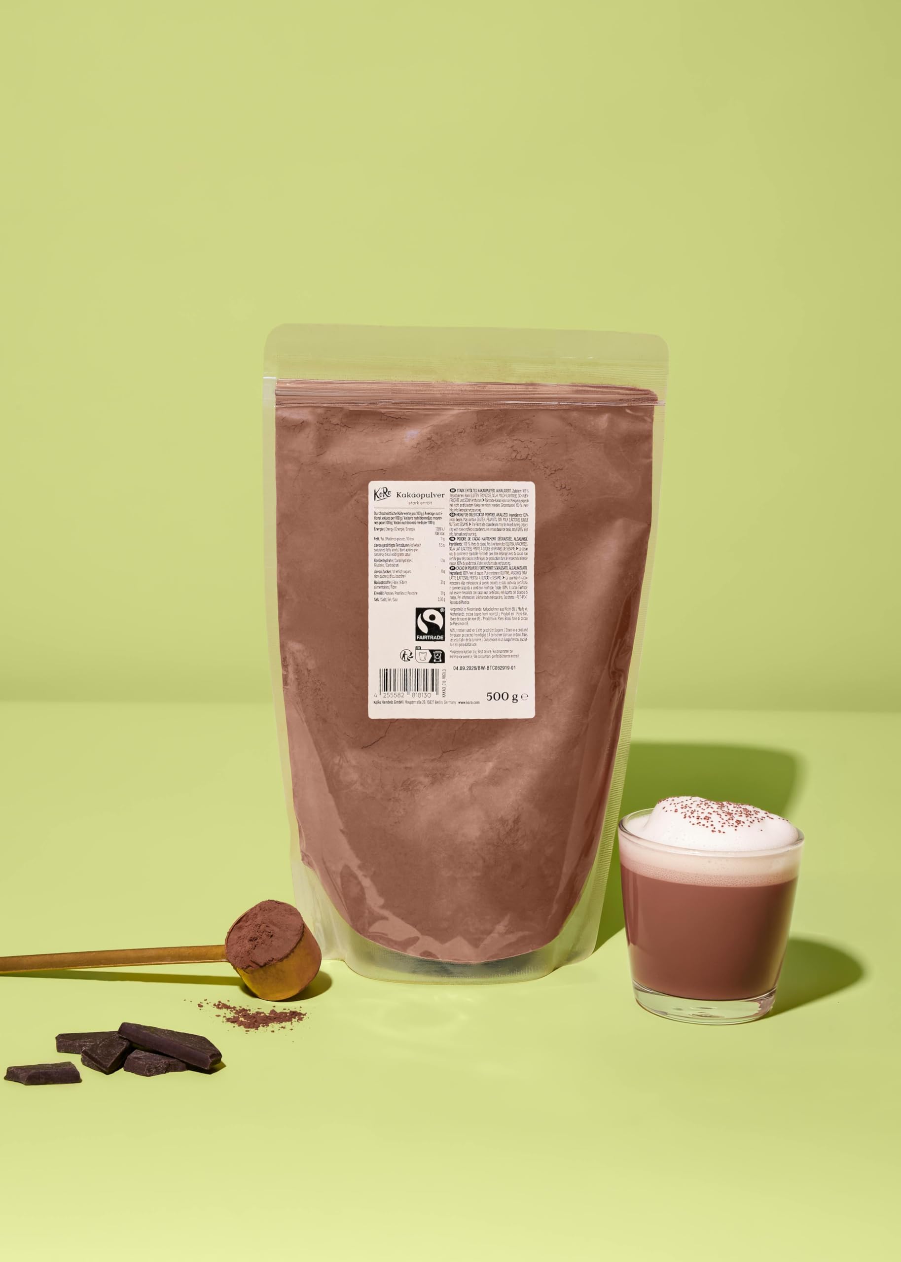 KoRo - Cacao in polvere fortemente sgrassato Fairtrade 500 g - 100% fave di cacao - Senza zuccheri aggiunti* - Ideale per la pasticceria e per la cioccolata calda