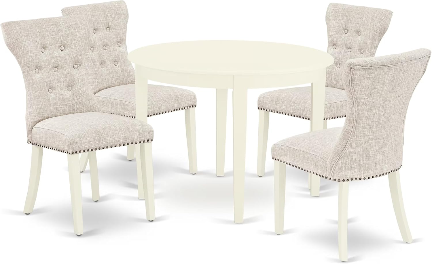 East West Furniture BOGA5-WHI-35 5 Piece Kitchen Table Set for 4 Includes a Round Dining Room Table and 4 Doeskin Linen Fabric Parsons Dining Chairs, 42x42 Inch, Linen White