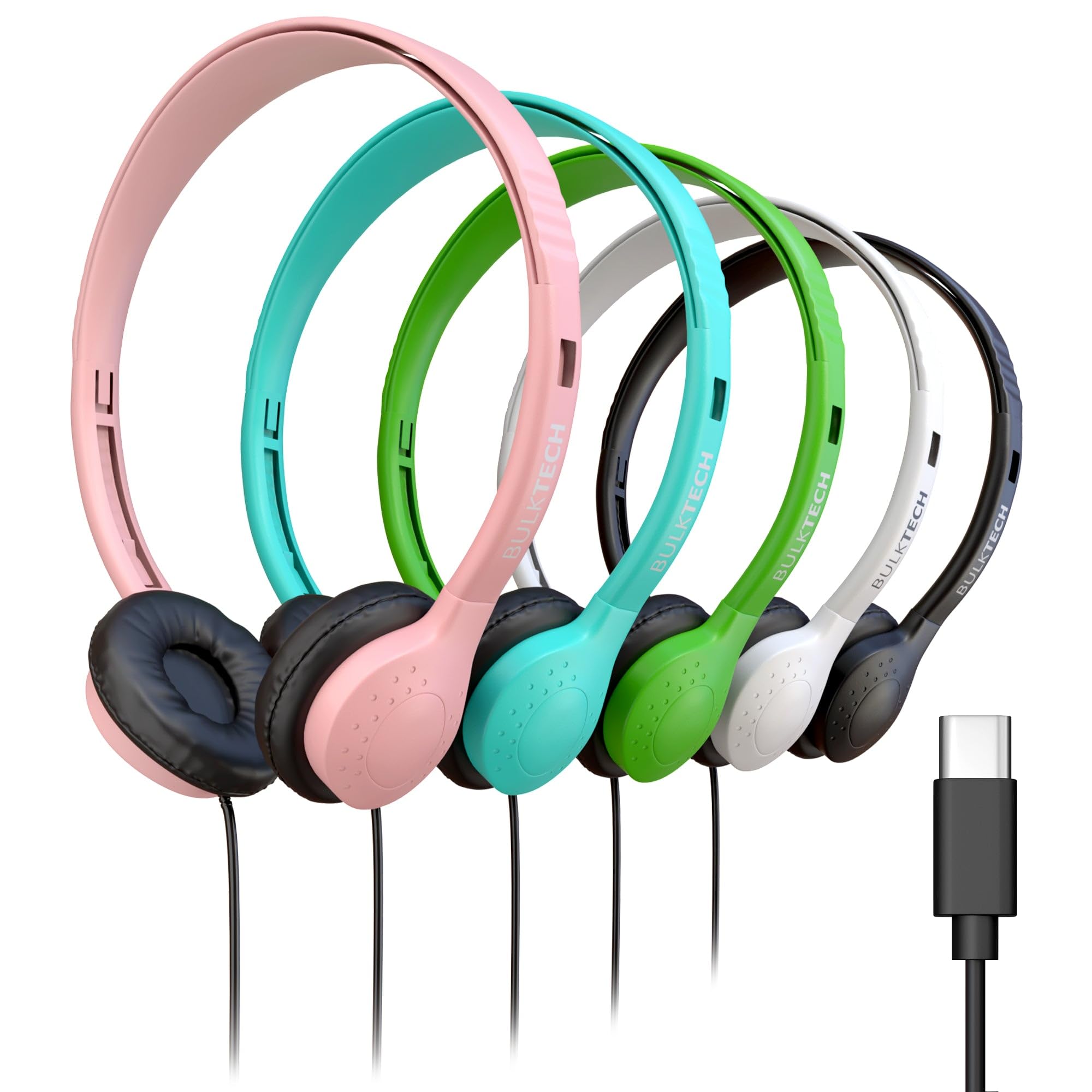 5 Pack Bulk Wired Headphones, Leather, USB-C, On-Ear, Compatible with Phone, Tablet, Laptop, PC for School, Online Class, Meeting, Web Conference, Practice, Test, Mix