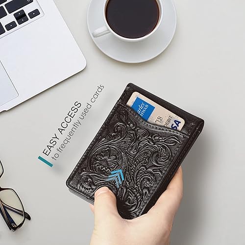 Miniatura 4 de Billetera de cuero de grano completo para hombre, billetera de tarjeta de crédito RFID plegable para regalo para él, negro (Cowboy Black), Retro