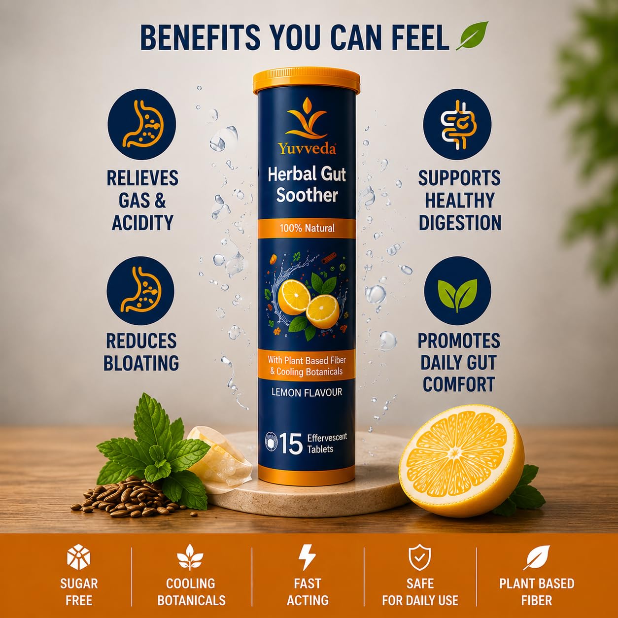 Herbal Gut Soother Effervescent Tablets | Lemon Flavour | 15 Tablets | Herbal Tablet Format | Lemon Taste | Dissolving Tablet Format | Home and Travel Use — Amazon image 3
