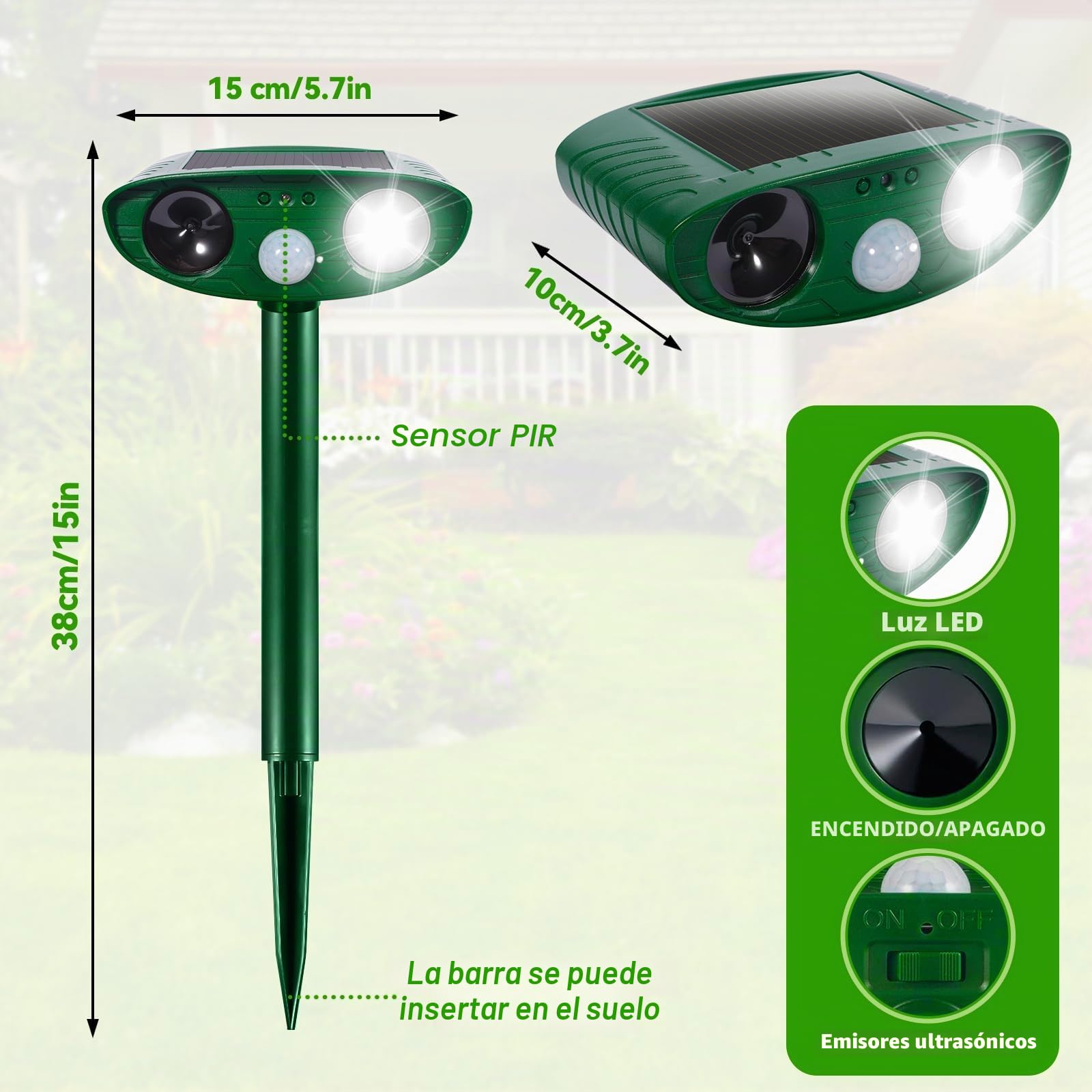 Ahuyentador de Gatos Exterior, Ultrasónico Repelente de Zorros Solar con Luz LED, 8m 120° IPX4 Impermeable Aullentador de Animales para Gatos Zorros Martas Mapaches Perros