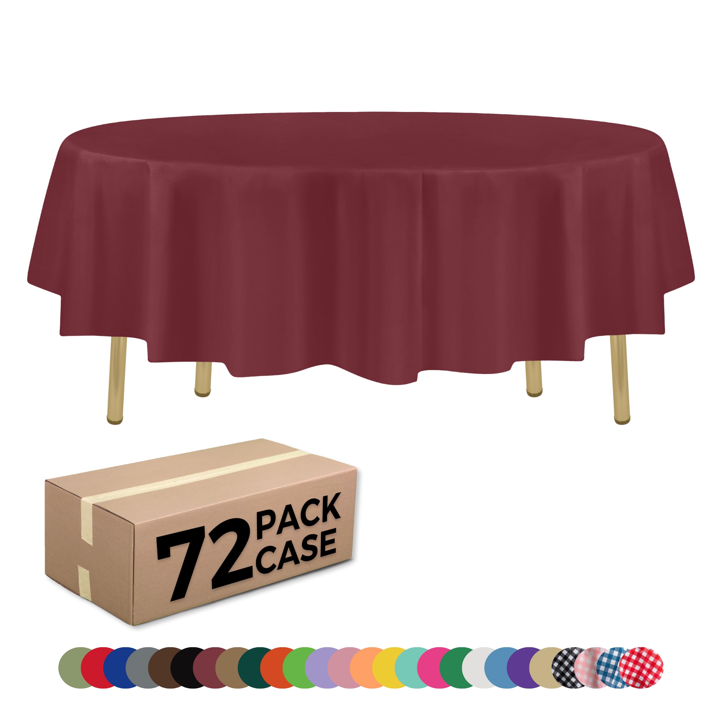 ZIMPLEWARE Burgundy Standard Disposable Plastic Party Tablecloth [Case of 72] 84 x 84” Round Table Cover for Indoor & Outdoor Use — image 1