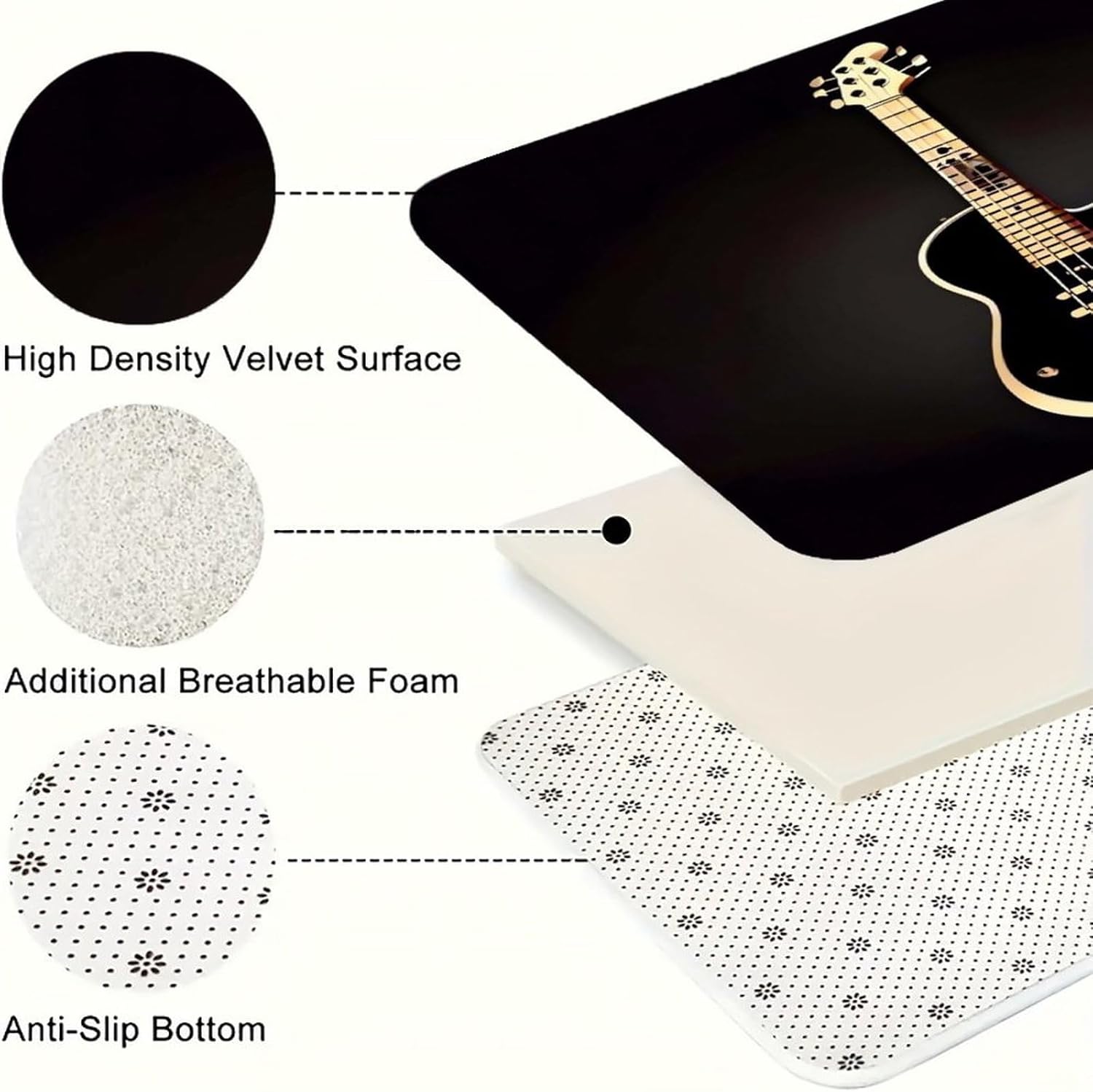 Black Guitar Kitchen Mat Set of 2 Ergonomic Comfort Velvet Rugs Cushioned Anti-Fatigue Non-Slip Standing Mats Thick Kitchen Floor Mat Carpet Runner Rugs 16"×24"+17"×47"