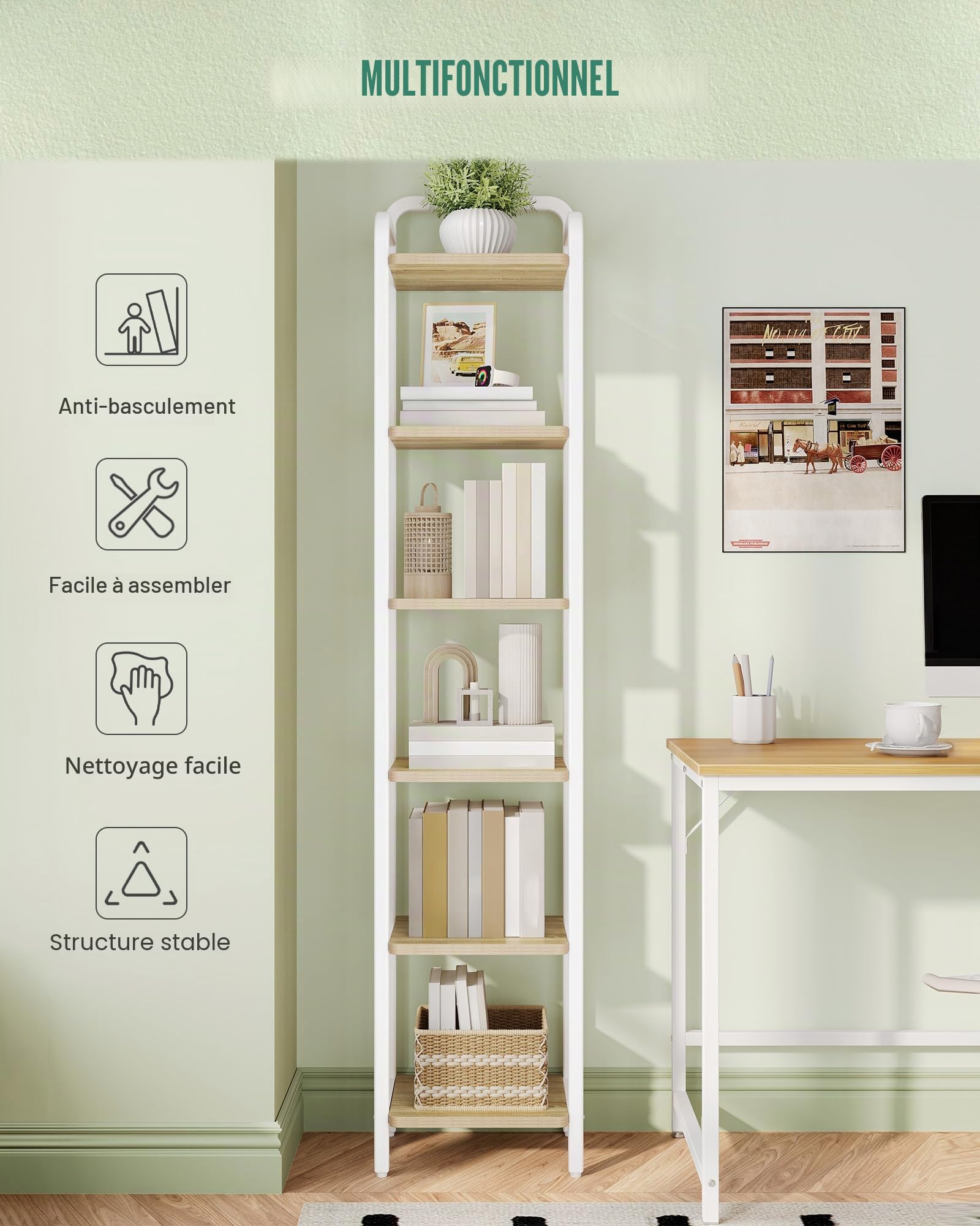Hzuaneri Etagere 6 Niveaux, Bibliotheque, Meuble de Rangement, Étagère d'angle Industriel, pour Bureau, Salon, Chambre 30 x 33 x 166 cm Beige Naturel et Blanc Mat BC24616W