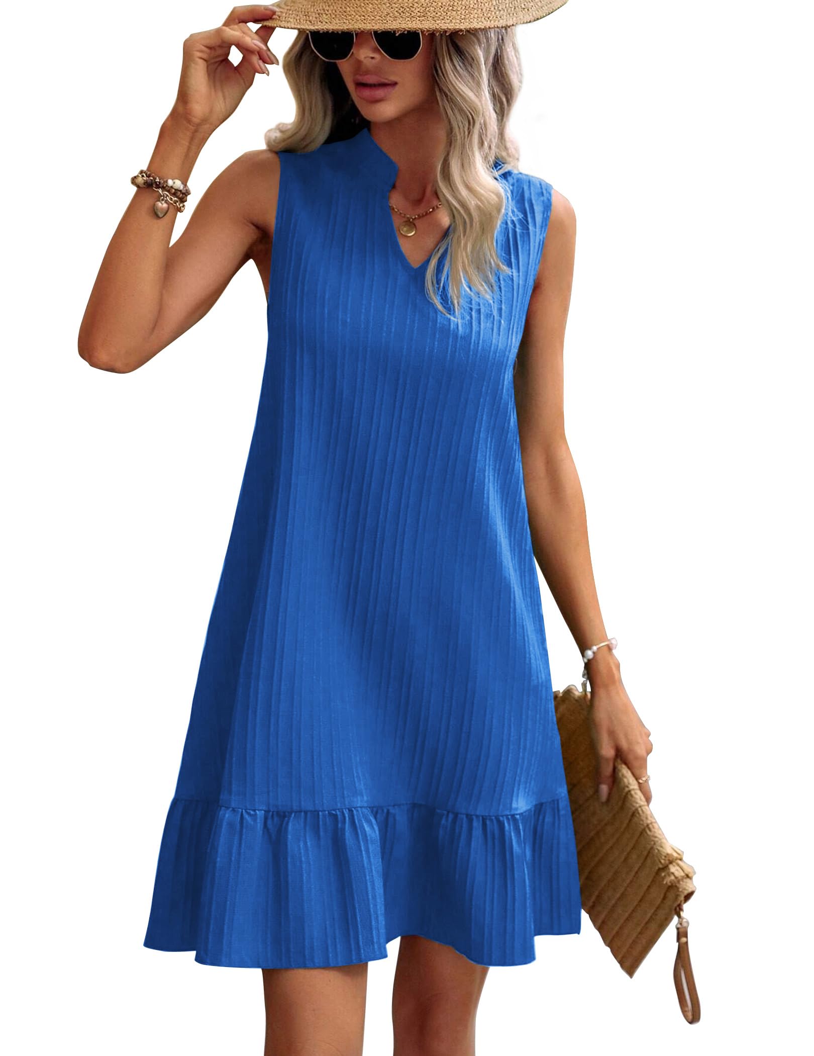 Zeagoo Vestiti Estivi Donna Scollo a V Abito Corto Senza Maniche Vestito Ruffle Eleganti da Spiaggia Casual Abitos a Canotta