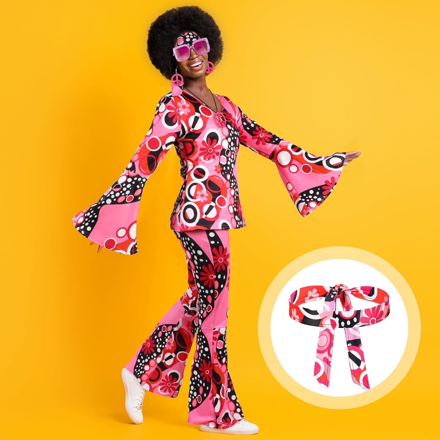 Shihanee 7 Pcs Women 70s Hippie Costume Accessories Disco Outfits Earring Necklace Headband Wig Glasses