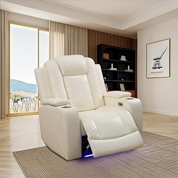 Power Recliner Chair Sofa with LED Lights for Living Room Furniture Set, Off White Leather Reclining Sofa for Adults, Home Theater Single Recliner Couch with USB Port and Cup Holders, Chair
