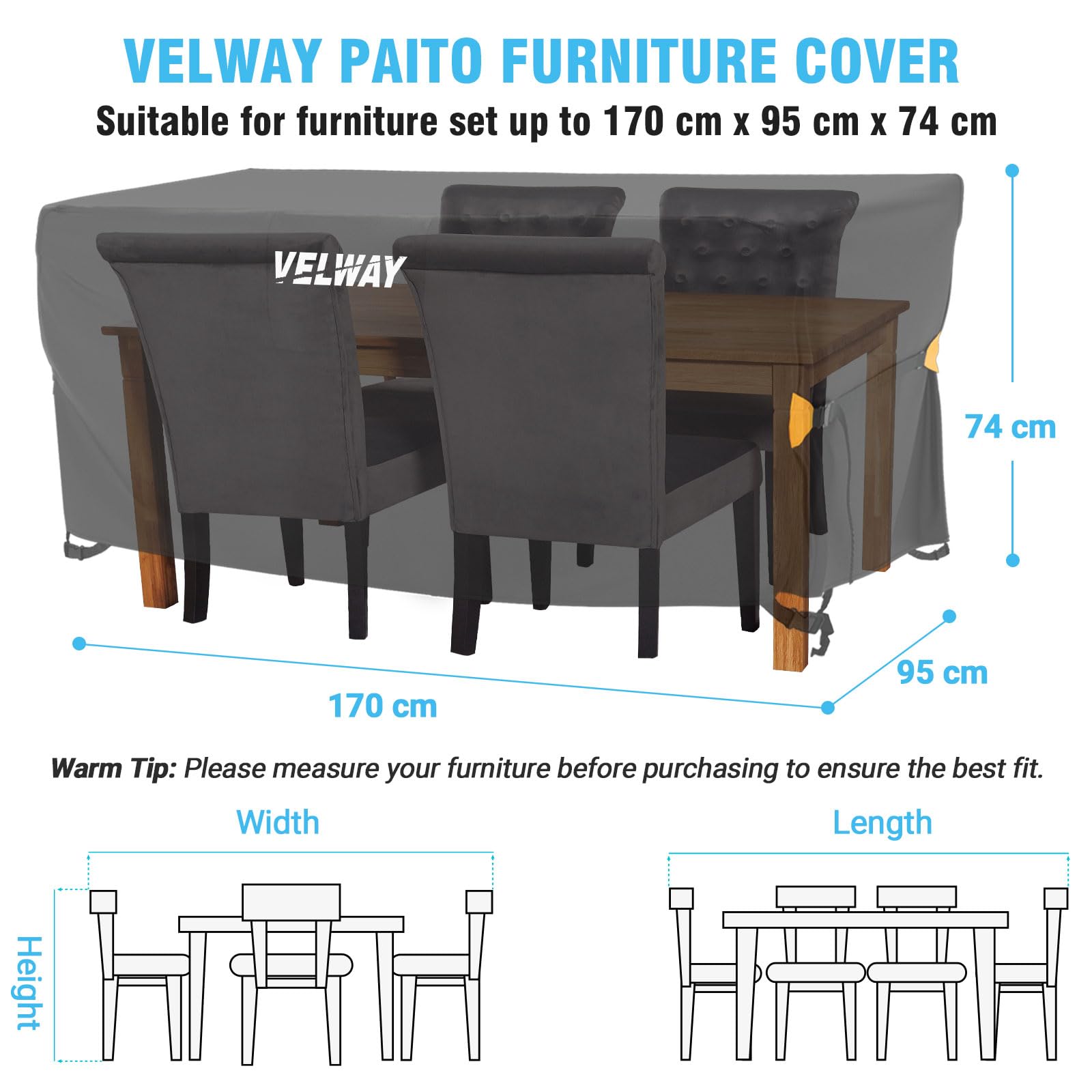 Velway Coperture per Mobili da Giardino Impermeabile: Copertura Tavolo Giardino Esterno con sfiato d'Aria Antivento Telo Copri Tavolo Arredo Rettangolare (Nero 170x95x74cm)