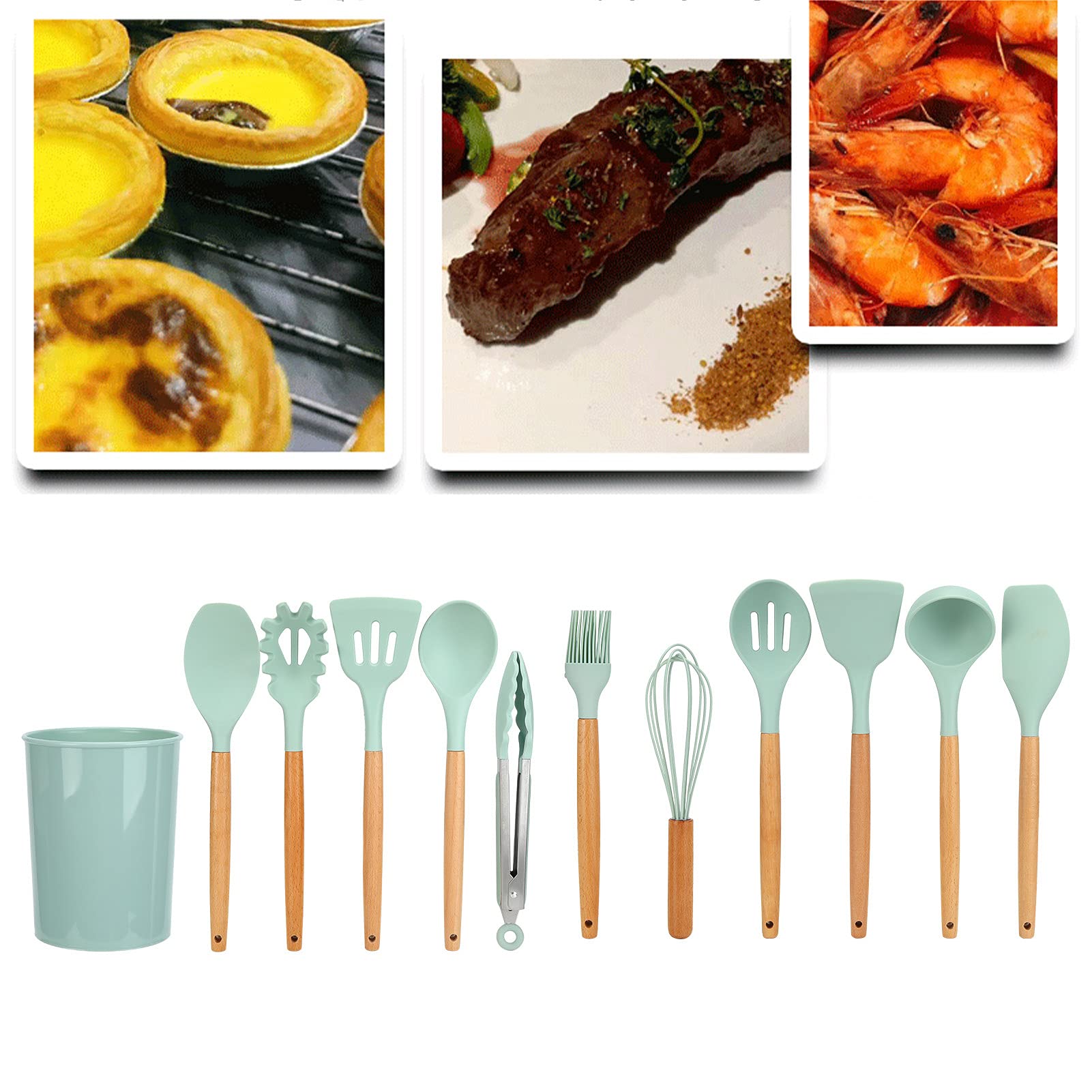 12-teiliges Silikon Küchenutensilien Set mit Holzgriff, Backzubehör, Kochlöffel, Pfannenwender, Schneebesen, Ölpinsel, Suppenschöpfer für die Küche (Hellgrün)