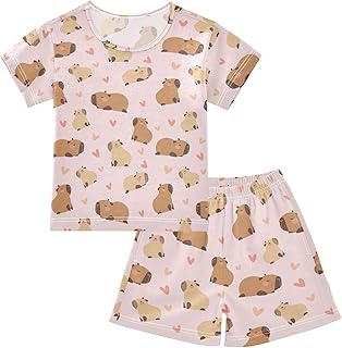 Conjunto de pijama de verano para niños y niñas, diseño de dibujos animados de Capibara con corazones, color rosa