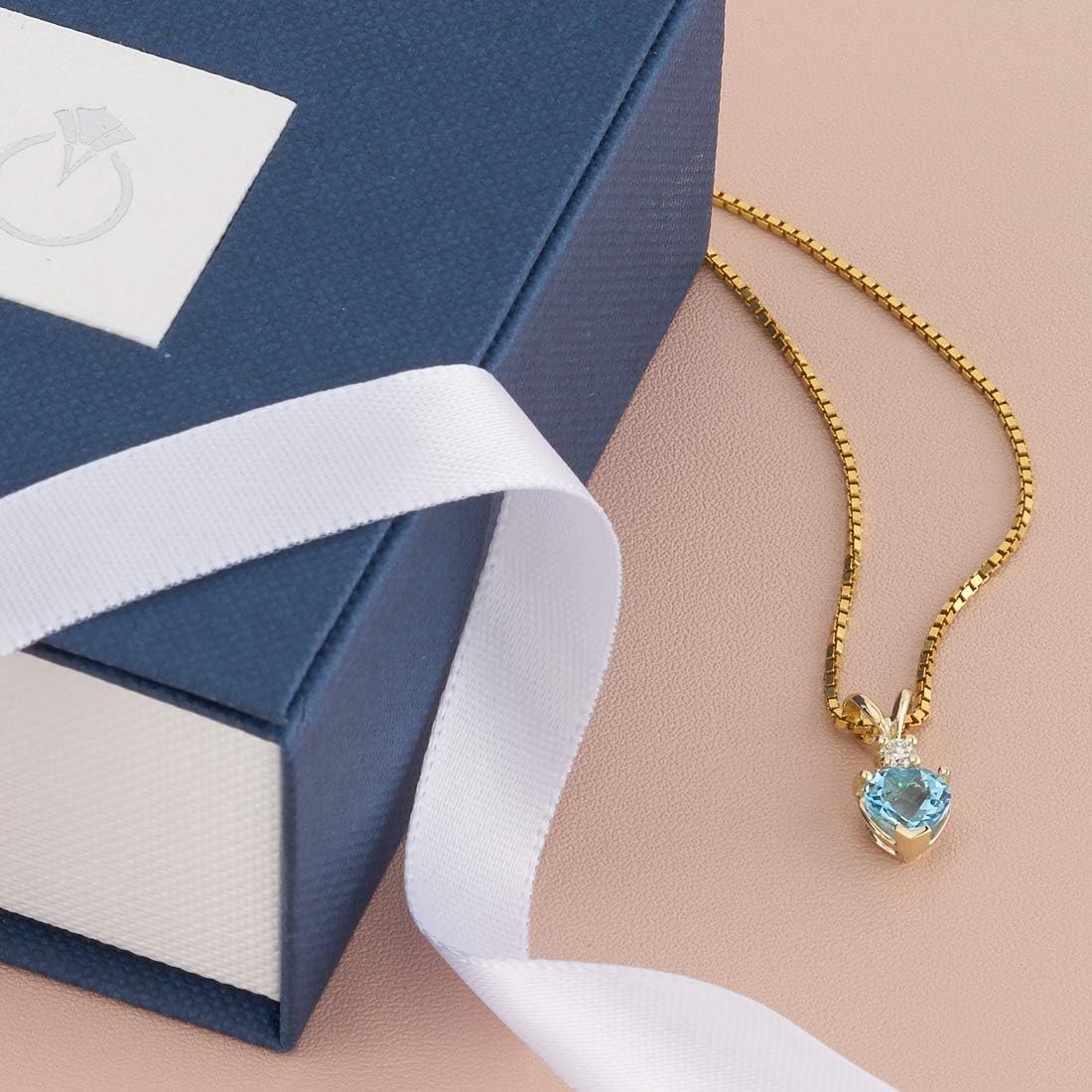 PEORA Swiss Blue Topaz with Genuine Diamond Pendant in 14 Karat Yellow Gold, Heart Shape Solitaire, 6mm, 1 Carat total, Blue Gemstone Necklace, December Birthstone Gold Necklace, w/Jewelry Box