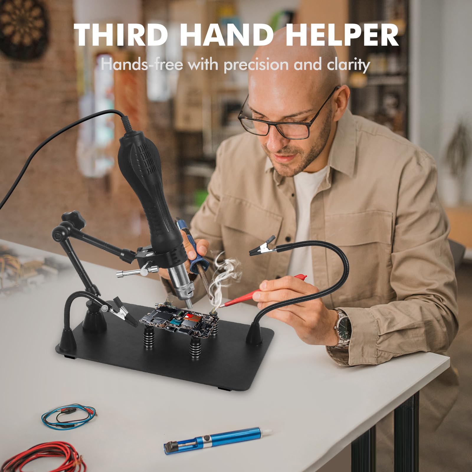 Mains secourables, troisième main à souder, support de carte de circuit imprimé avec lampe loupe 3X LED, support de pistolet à air chaud, bras métalliques flexibles et base robuste