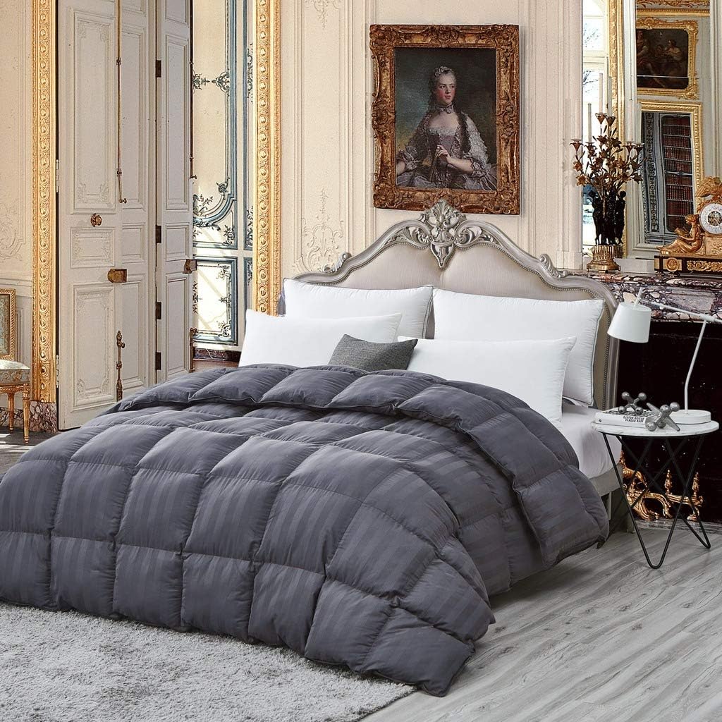 Luxurious Light Weight Goose Down Comforter Queen Size Duvet, Exquisite Gray Stripe Design, 1200 Thread Count 100% Egyptian Cotton Fabric, 750+ Fill Power, 45 oz Fill Weight