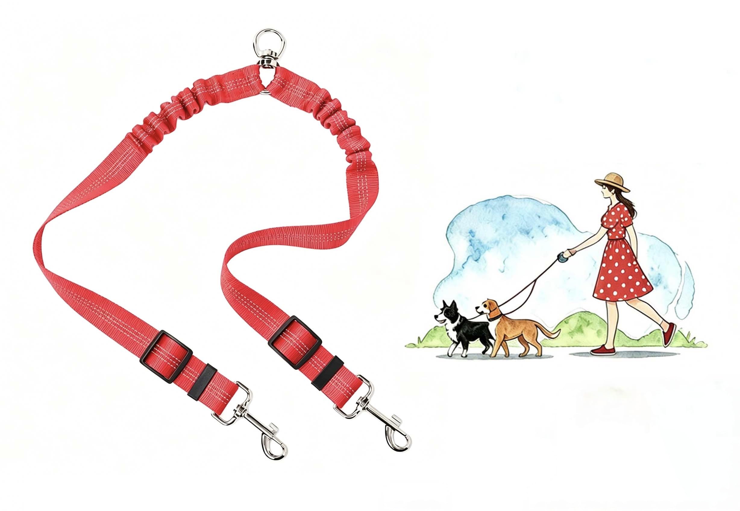 Aiyraa Double Dog Lead for Walking 2 Dogs, Dual Dog Lead, No Tangle 360° Swivel Split Dog Lead, Bungee Shock-Absorbing for S/M/L, Extendable Heavy Duty Double Ended Twin Dog Leash (Red) — image 1