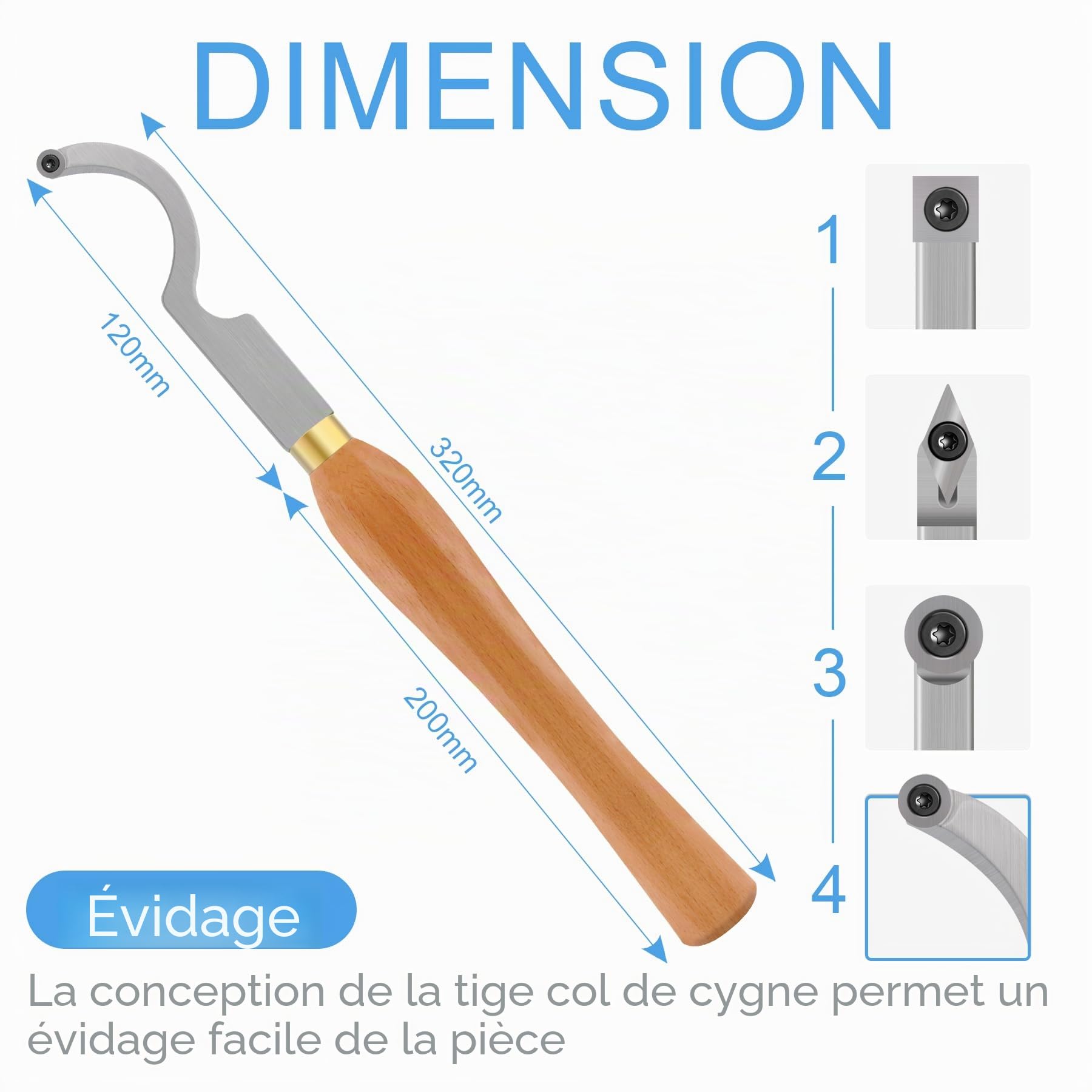 Outil de creusage courbe de tungstène Ci5 8,9 mm pour creuser le bois, ciseau rotatif, outil manuel bricolage tournage