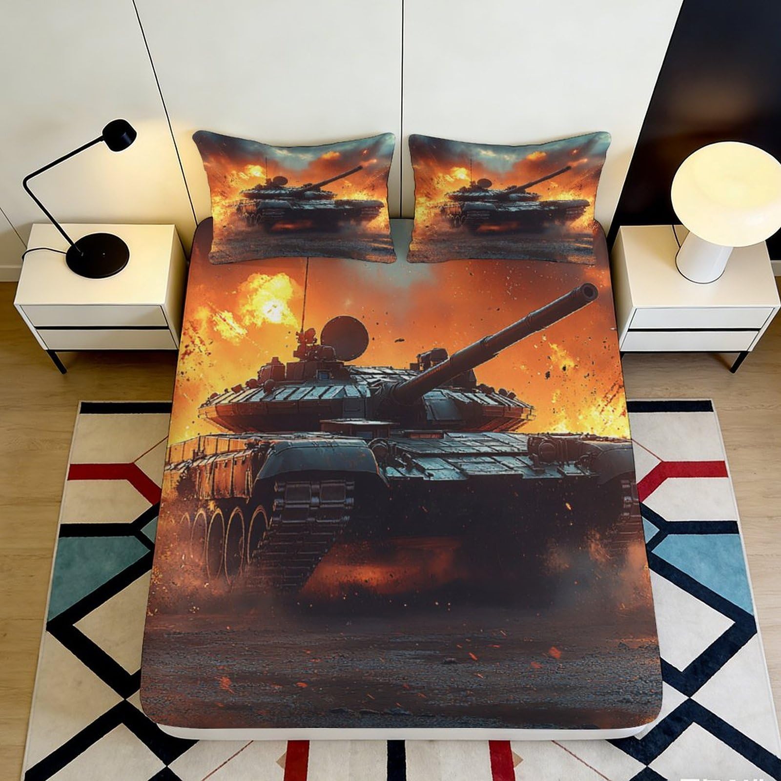 3D Printed Battle Tank Fitted Sheet Microfiber Soft Durable Fire Explosion Bed Cover for Bedroom Dorm Mattress Decor 90x200x25cm